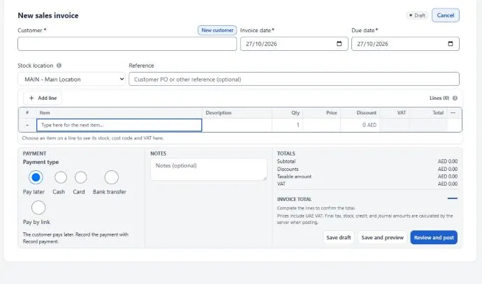 The New sales invoice form: Customer, Invoice date, Due date, Stock location and Reference at the top; the line grid with Item, Description, Qty, Price, Discount, VAT and Total; Payment type, Notes and Totals at the bottom with the buttons Save draft, Save and preview, and Review and post.